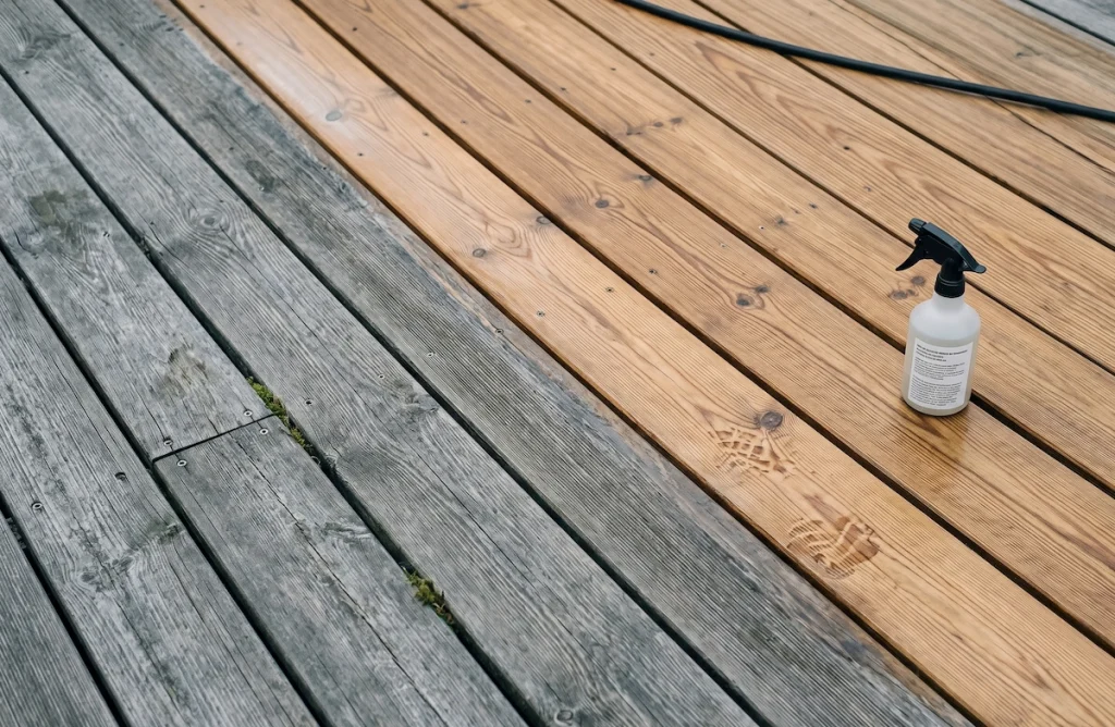 Imprægnering af træterrasse — pigmenteret olie påført hårdttræ for beskyttelse mod UV og fugt